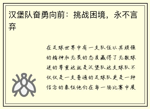汉堡队奋勇向前：挑战困境，永不言弃