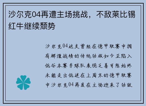 沙尔克04再遭主场挑战，不敌莱比锡红牛继续颓势